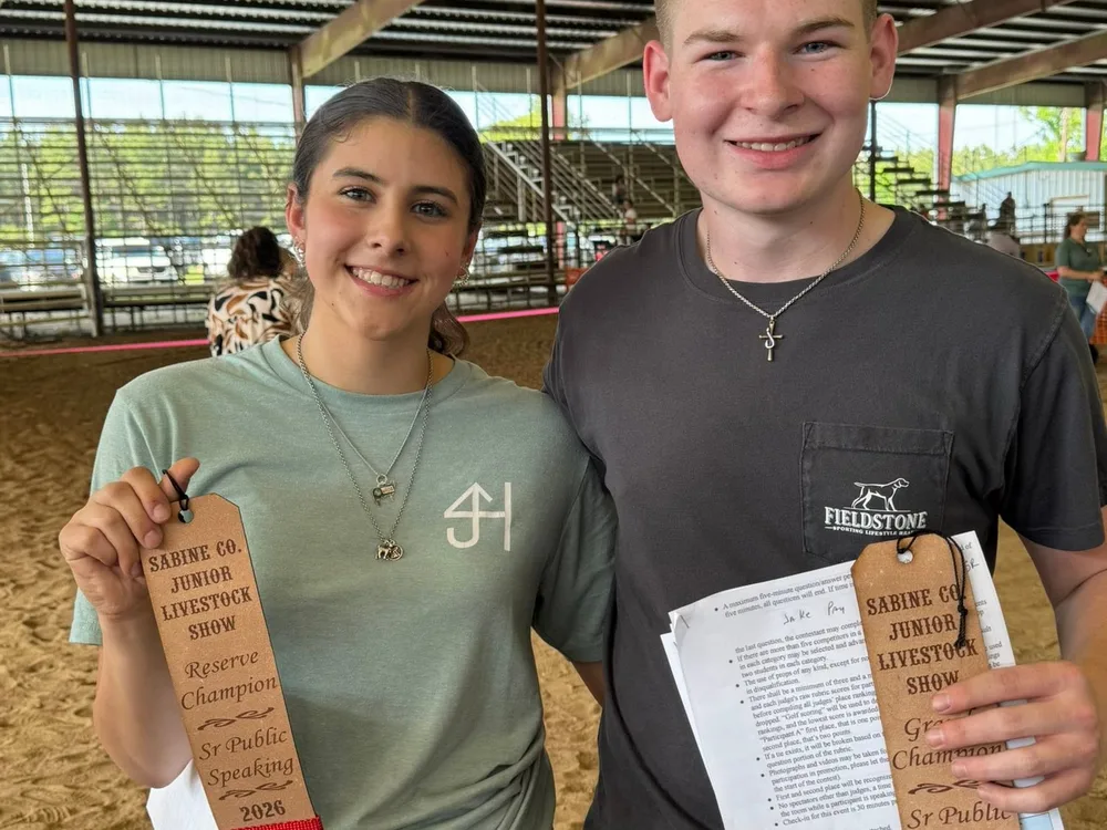 Jake Pay, Grand Champion, and a fellow exhibitor, Reserve Champion, both Senior Public Speaking, 2026